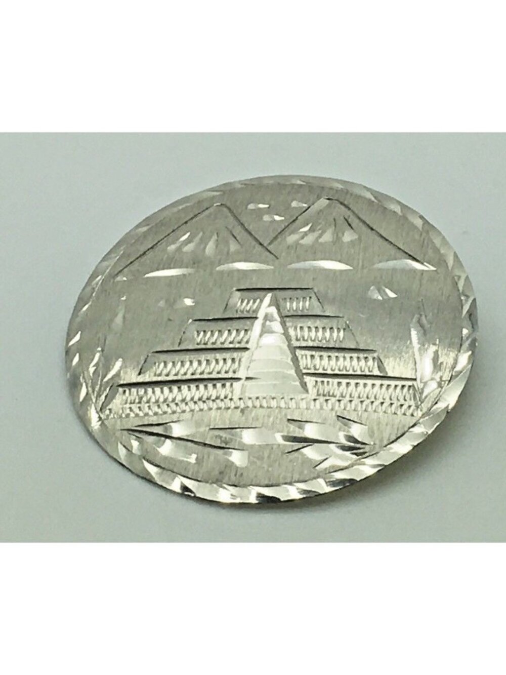 Sterling Silver Pendant Brooch  Mexican Pyramids Mountains  Diamond Cut Etched